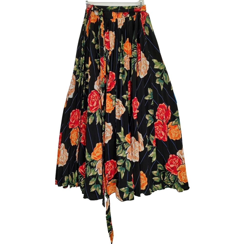 Lu La Roe Woman Black Floral Wrap Maxi Skirt Size Small Pleated See Pic Measures